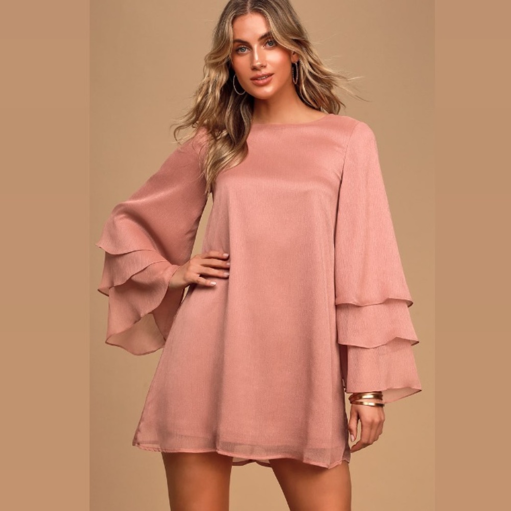 Lulus own it dusty pink tiered long sleeve shift dress size small